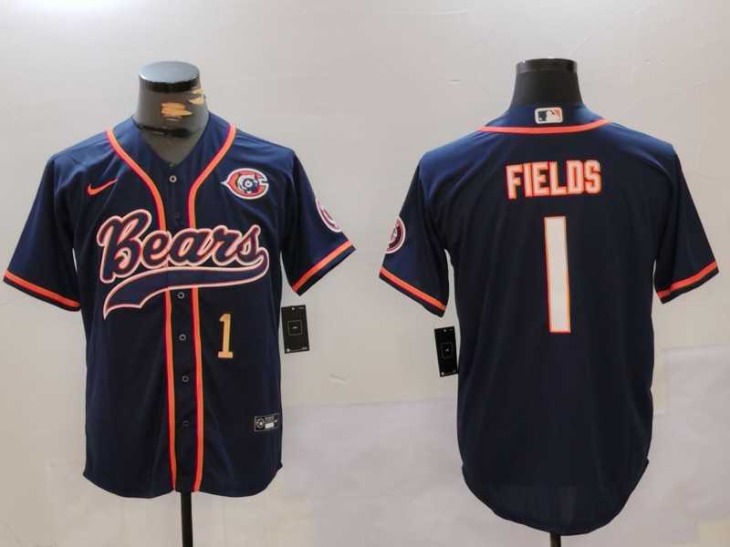 Men%27s Chicago Bears #1 Justin Fields Navy Throwback With Patch Cool Base Stitched Baseball Jerseys